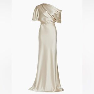 Amsale Pryce Off-Shoulder Satin Column Gown champagne color
